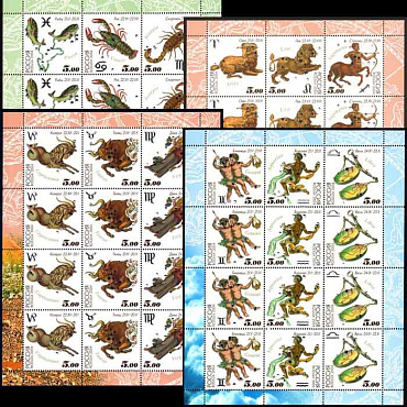 Россия, 2004, Знаки Зодиака, 4 листа по 4 сцепки